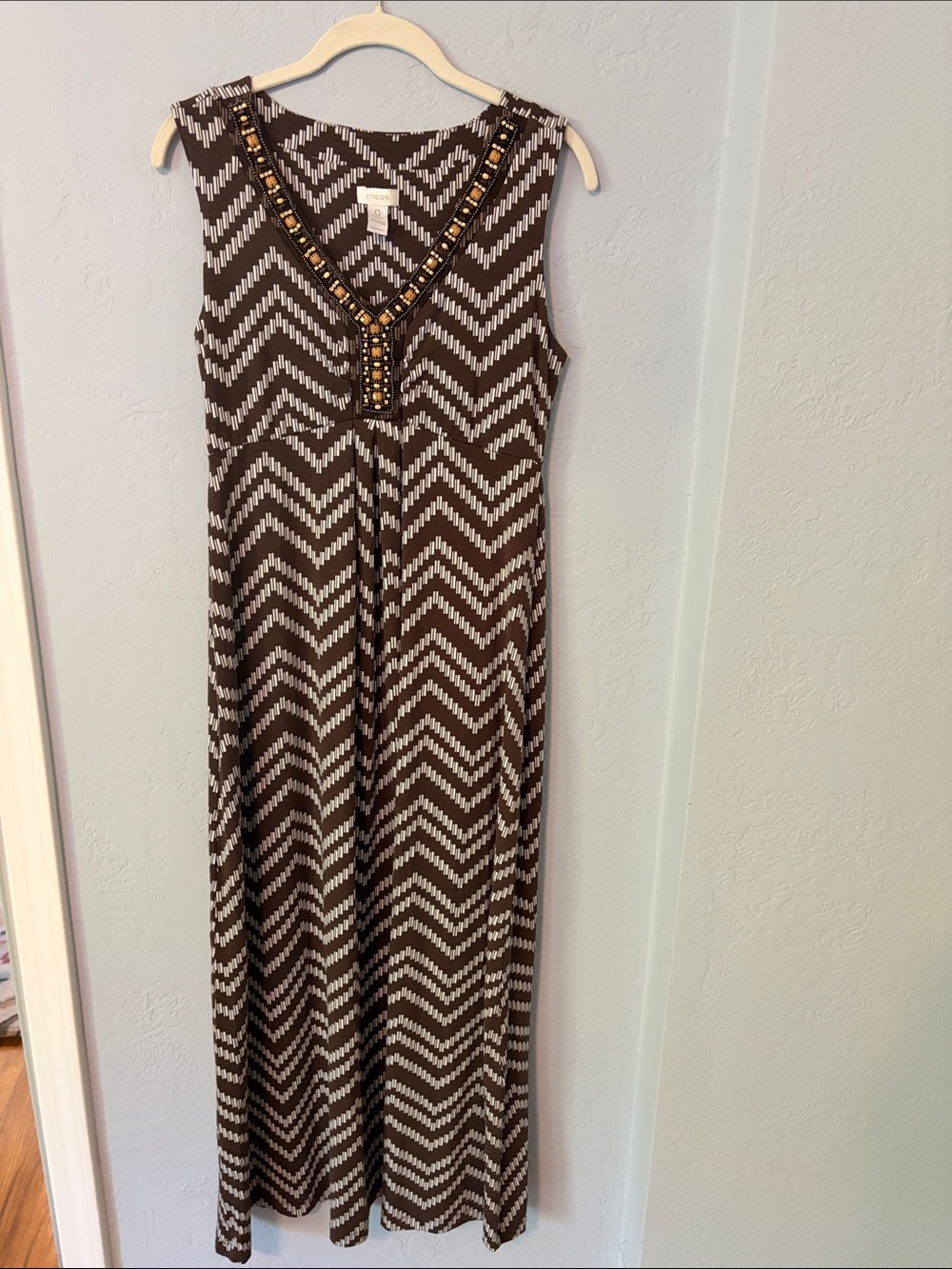 Chico’s  Chevron Maxi Dress with Embellished V-Neck - Brown/White